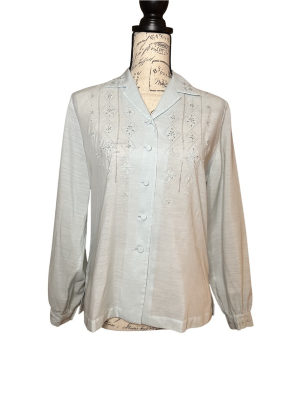 Vintage Lily Size Medium Light Blue Hand Embroidered Floral Button Down Shirt